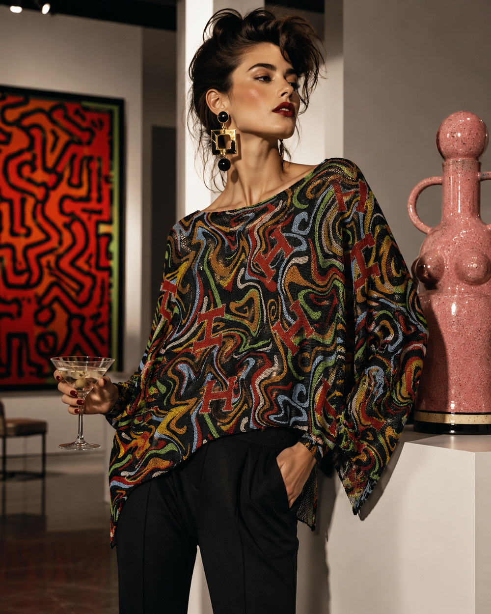 Free For Humanity Italy OS Graffiti Sweater Metallic Abstract Dolman Art to Wear